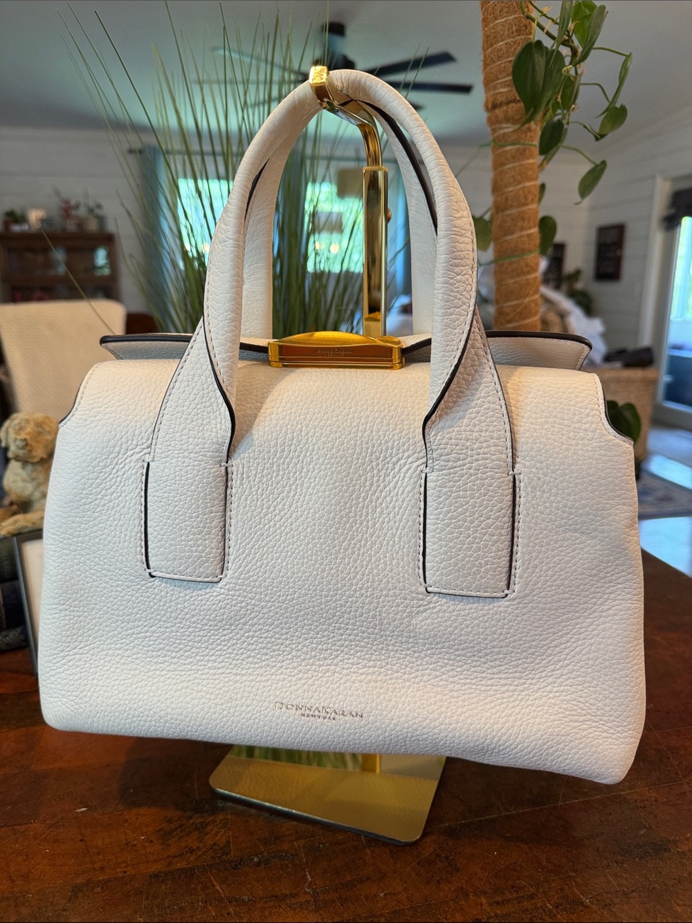 Donna Karan Amagansett White Pebbled Leather Satchel with Gold Hardware